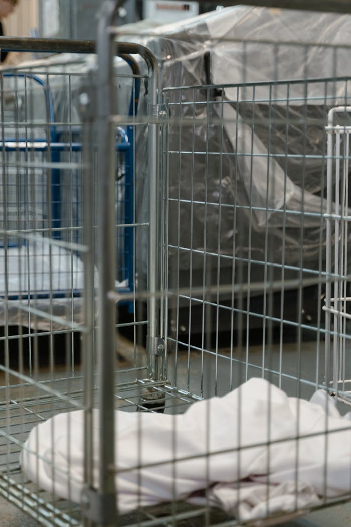 Metal laundry cart filled with white linens in an industrial setting.